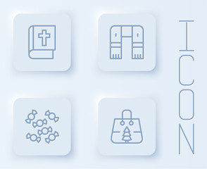 Set line Holy bible book, Winter scarf, Candy and Christmas shopping bag. White square button. Vector