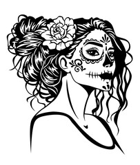 Sugar skull Catrina. Mexican day of the dead. Vector outline design.