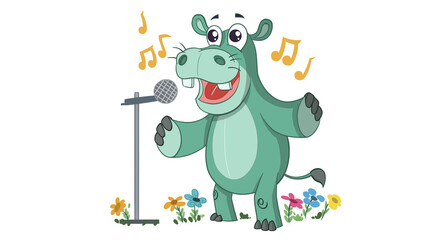 cute hippo singing illustration cartoon