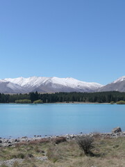 Lake Tekapo in Neuseeland mit Bergen im Hintergrund