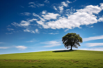 Obraz premium Green field tree and blue skygreat as a background photography
