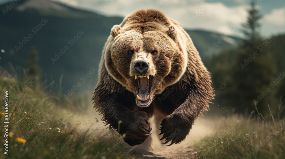 Wall mural scary large bear running and chasing