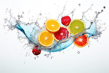 Water splash from falling citrus fruits on a white background.