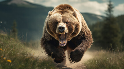 scary large bear running and chasing - obrazy, fototapety, plakaty