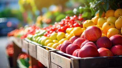 fresh fruits on crates on shop market - obrazy, fototapety, plakaty