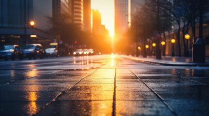 Fototapeta na wymiar urban background of wet city street or road at sunset