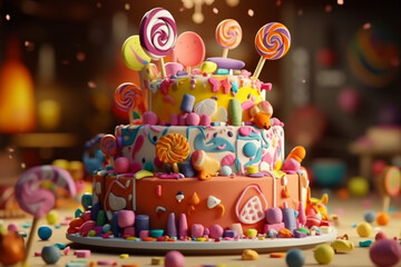 Fototapeta premium beautifully decorated birthday cake with layers of frosting and icing, featuring a fondant 1 design on the top, adorned with edible decorations like flowers or stars, Created with AI