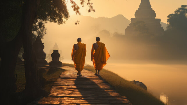 monks walking near temple. Buddhism and spirituality