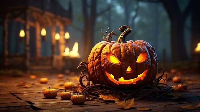 Holiday background decoration for Halloween glowing pumpkin Generative AI