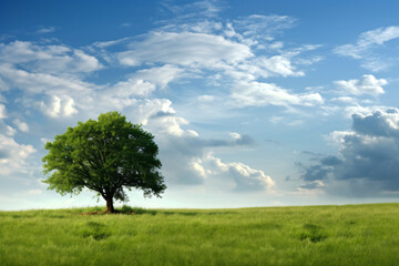 Fototapeta na wymiar Green field tree and blue skygreat as a background photography