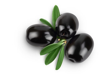 Black olives with leaves isolated on a white background with full depth of field. Top view. Flat lay