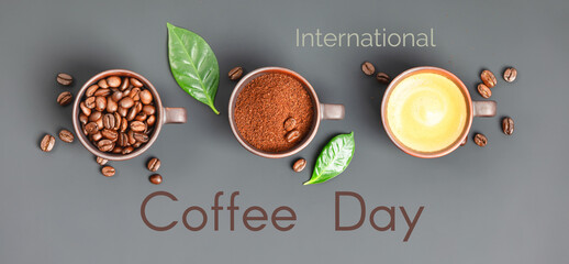 Coffee composition with three cups of coffee on dark background, banner, coffee day concept