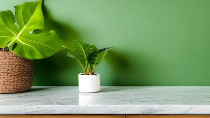 Minimal, modern cream stone counter table, tropical monstera plant tree in sunlight on green wall background for luxury fresh organic cosmetic, skin care, beauty treatment product - AI Generative