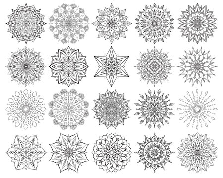 Flower mandalas set. Intricate and simple mandalas coloring pages