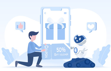 Loyalty program and bonus idea. AI robot sending a digital gift voucher to a customer. Present rewards, promotions, discount, and advertisements. On digital platform or mobile application. 