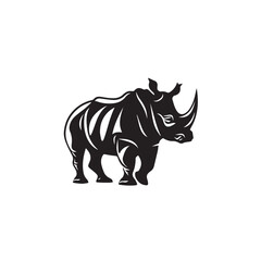 African savannah standing rhinoceros isolated in cartoon style. Educational zoology illustration, coloring book picture. Logo, icon style. Black and white