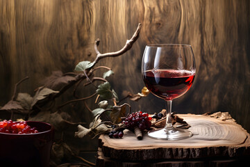 Rotweinglas auf einem Holztisch mit Weintraube im Hintergrund