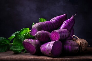A bundle of nutritious vibrant purple yam or ube which is commonly found in Southeast Asia such as Malaysia or the Philippines. Generative AI