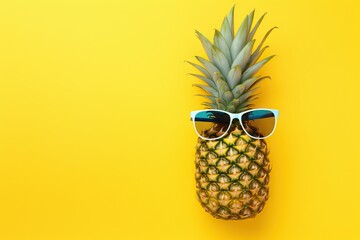 Fashion. Pineapple hipster in sunglasses, stylish fruit. Minimal concept, summer tropical pineapple. Creative art fashionable vacation concept. Summertime color mood, pineapple fruit. Generative AI