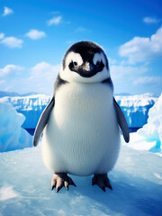 Fototapeta na wymiar Cute penguin against the snowy blue ocean
