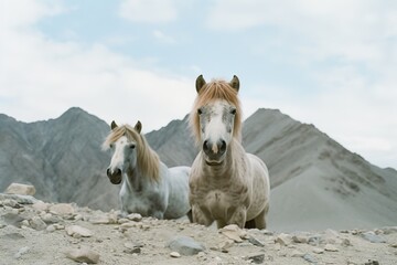 Obraz premium Portrait of horses standing against by mountain against sky. Generative AI