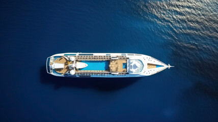 The cruise liner is shipping in the ocean. Top view. Photorealistic illustration of Generative AI.