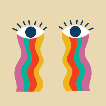 Naklejki Abstract eyes, with a heart, with a rainbow. Signs, symbols of the 80s, 90s. A color vector illustration isolated on a white background
