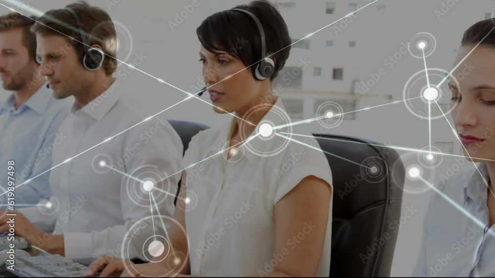 Poster animation of network of connections over diverse businesspeople using computers in office