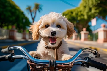 Toy dog Havanese bichon in a bicycle basket on a sunny street. Dog in bicycle basket. Generated AI. - obrazy, fototapety, plakaty