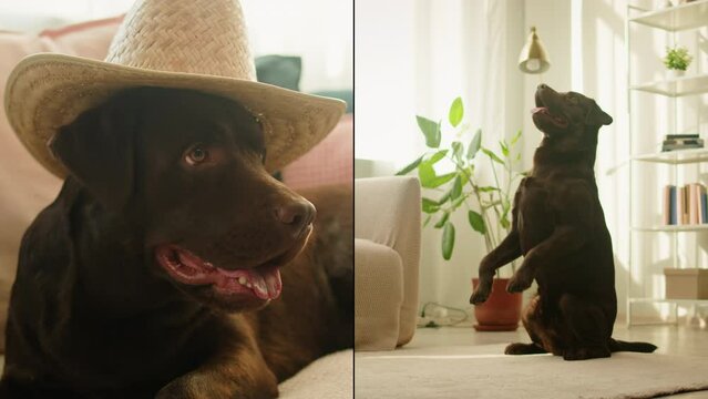 Happy dog life concept collage, multicam of labrador golden retriever eating dog food from metal bowl and relaxing, concept of online shop delivery for pets