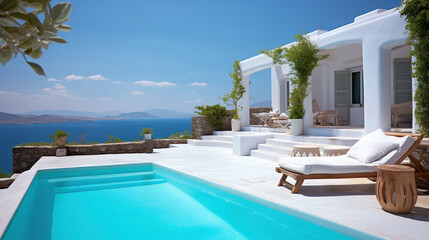 Idyllic Mediterranean White Villa with Pool, Nestled on a Hill with Spectacular Views, Generative AI