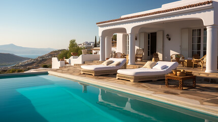 Mediterranean Dream: White Villa with Pool on Hill, Breathtaking Views, Generative AI