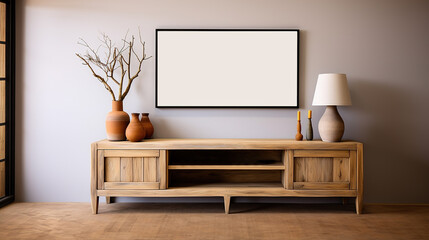 Natural Elegance: Rustic Wooden Cabinet with Blank Frame Copy Space, Generative AI