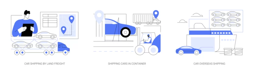 Foto op Plexiglas Auto cartoon Automobiles international shipping abstract concept vector illustrations.