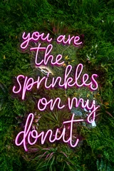 Zelfklevend Fotobehang pinker Schriftzug "you are the sprinkles on my donut" als Leuchtstoff-Lampe auf einem grünen Wand aus Blättern © GrebnerFotografie