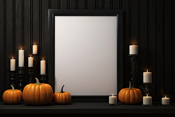 Gothic Halloween Frame Mockup: Black Vertical Frame on Dark Wall with Candles and Pumpkins. created with Generative AI
