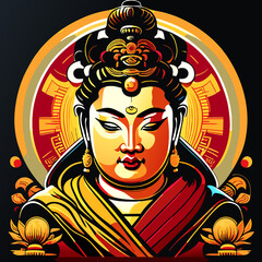 THE GODDESS OF COMPASSION AND MERCY, Guan Yīn, Goddess Durga, Goddess Durga. Vector illustration.