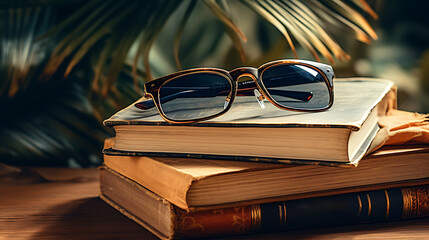 Stack of old books with sunglass