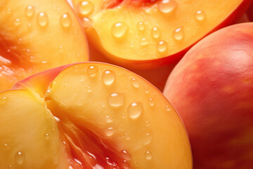 closeup of fresh juicy peaches pulp with water drops.  - obrazy, fototapety, plakaty