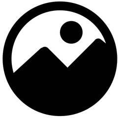 Circle picture icon with silhouette mountain and sun