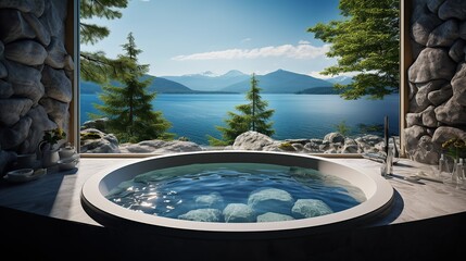Sea view from circle window with bathtub 