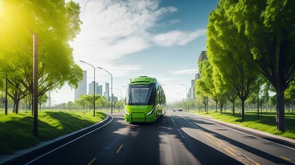 Obraz premium the harmony between nature and technology as electric vehicles glide silently through a picturesque urban landscape