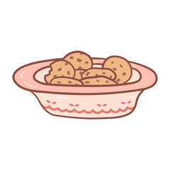 Sweet cookies with chocolate in a bowl. Doodle cartoon style. Png on transparent background