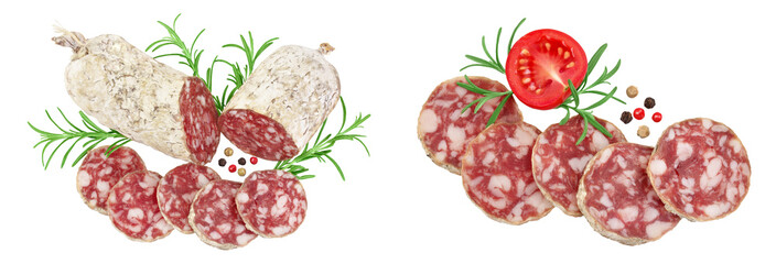Cured salami sausage slices isolated on white background. Italian cuisine with full depth of field. Top view. Flat lay.