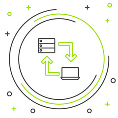 Line Online working icon isolated on white background. Freelancer man working on laptop at his house. Remote work. Distant job concept. Colorful outline concept. Vector