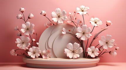 3D rendering style in pastel colors scene with podium and flower, abstract background. 