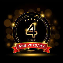 4 year anniversary logo with a gold emblem shape and red ribbon, logo template vector