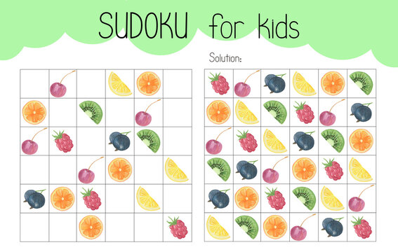 Sudoku educational game leisure activity worksheet watercolor illustration, printable grid to fill in missing images, sweet fruit, dessert topical vocabulary, puzzle with solution, teacher resources