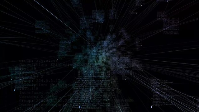 A multicolored array of data rotates in front of the camera against a black background. Seamless loop.