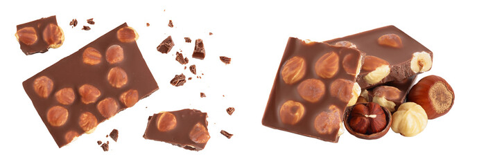 Chocolate with hazelnuts isolated on white background with full depth of field. Top view. Flat lay